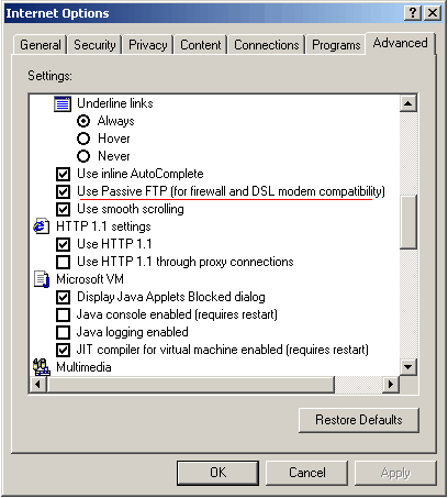 Use Passive FTP (for firewall and DSL modem compatibility)