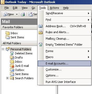 Tools->E-mail Accounts