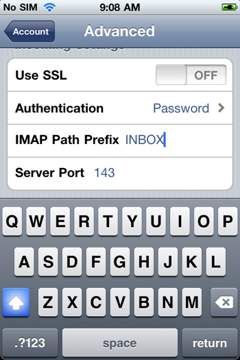 Make sure that Use SSL is set to OFF, and that the Server Port is 143