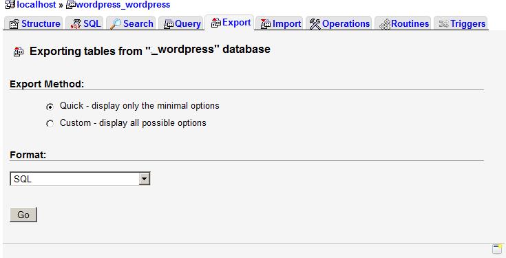 Exporting the MySQL database.