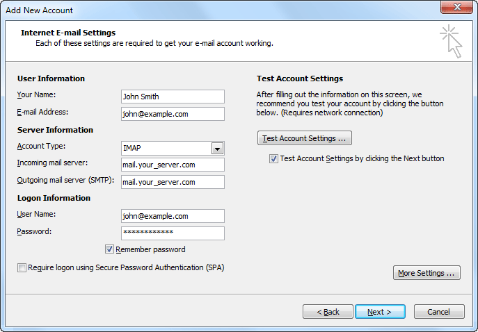 Internet e-mail settings