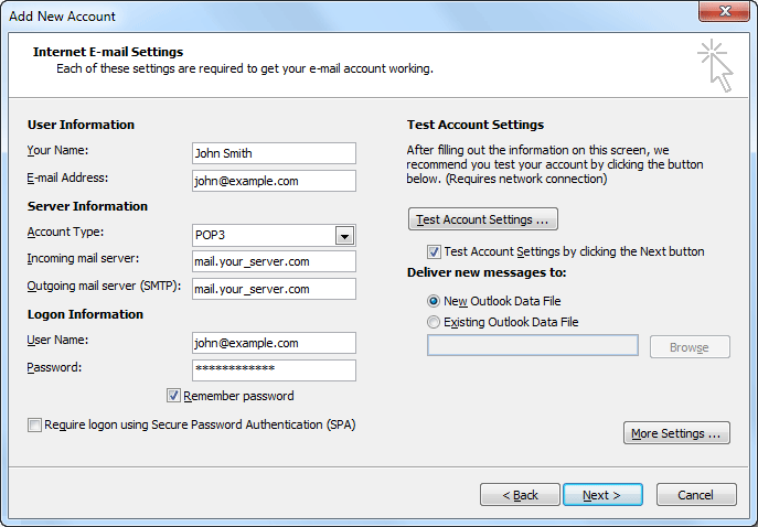 Internet e-mail settings