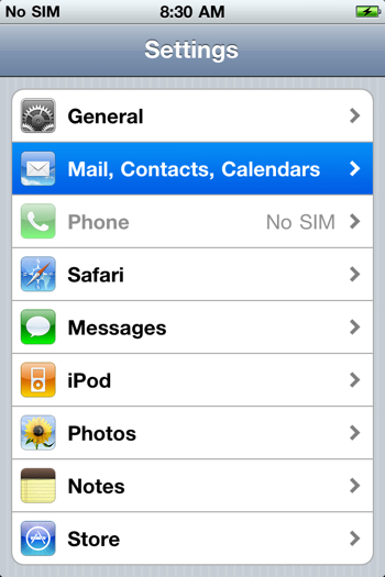 Натиснете Mail, Contacts, Calendars