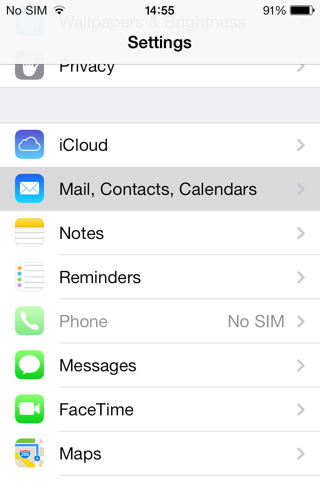 Натиснете Mail, Contacts, Calendars
