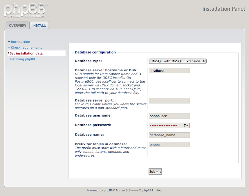 Database configuration