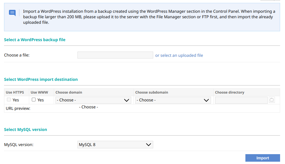 WordPress Manager import a backup file