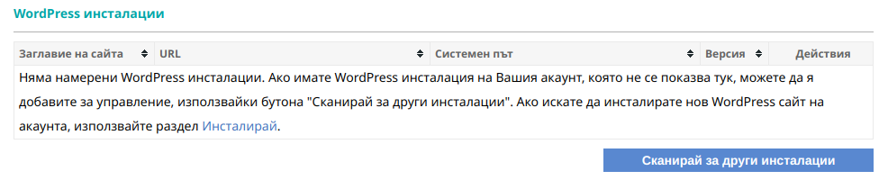 Няма намерени WordPress инсталации