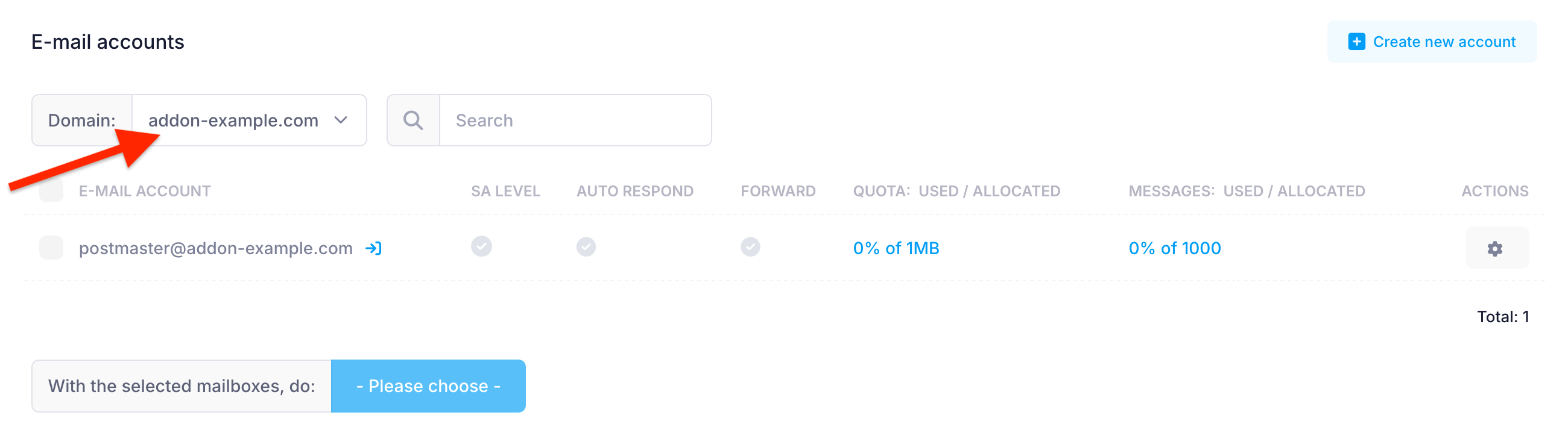 Managing the mailboxes of addon domains