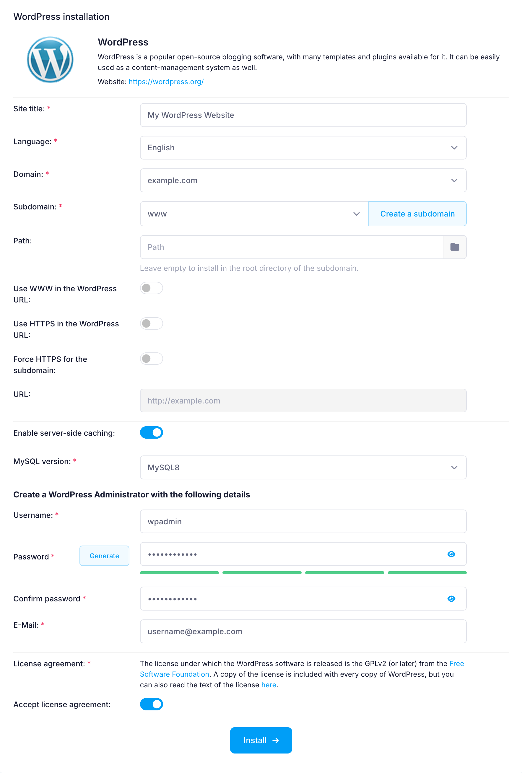 Installing WordPress with one click Installing WordPress with one click