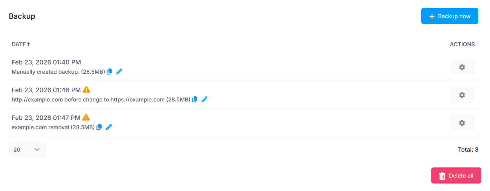WordPress backup list