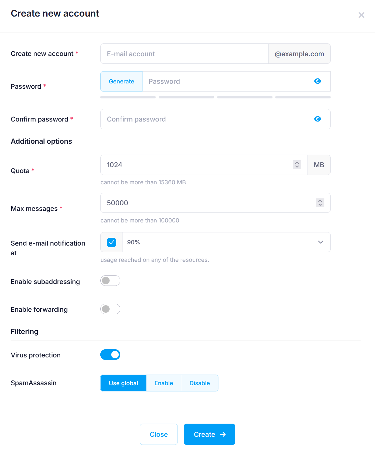 Create new account screen Create new account screen