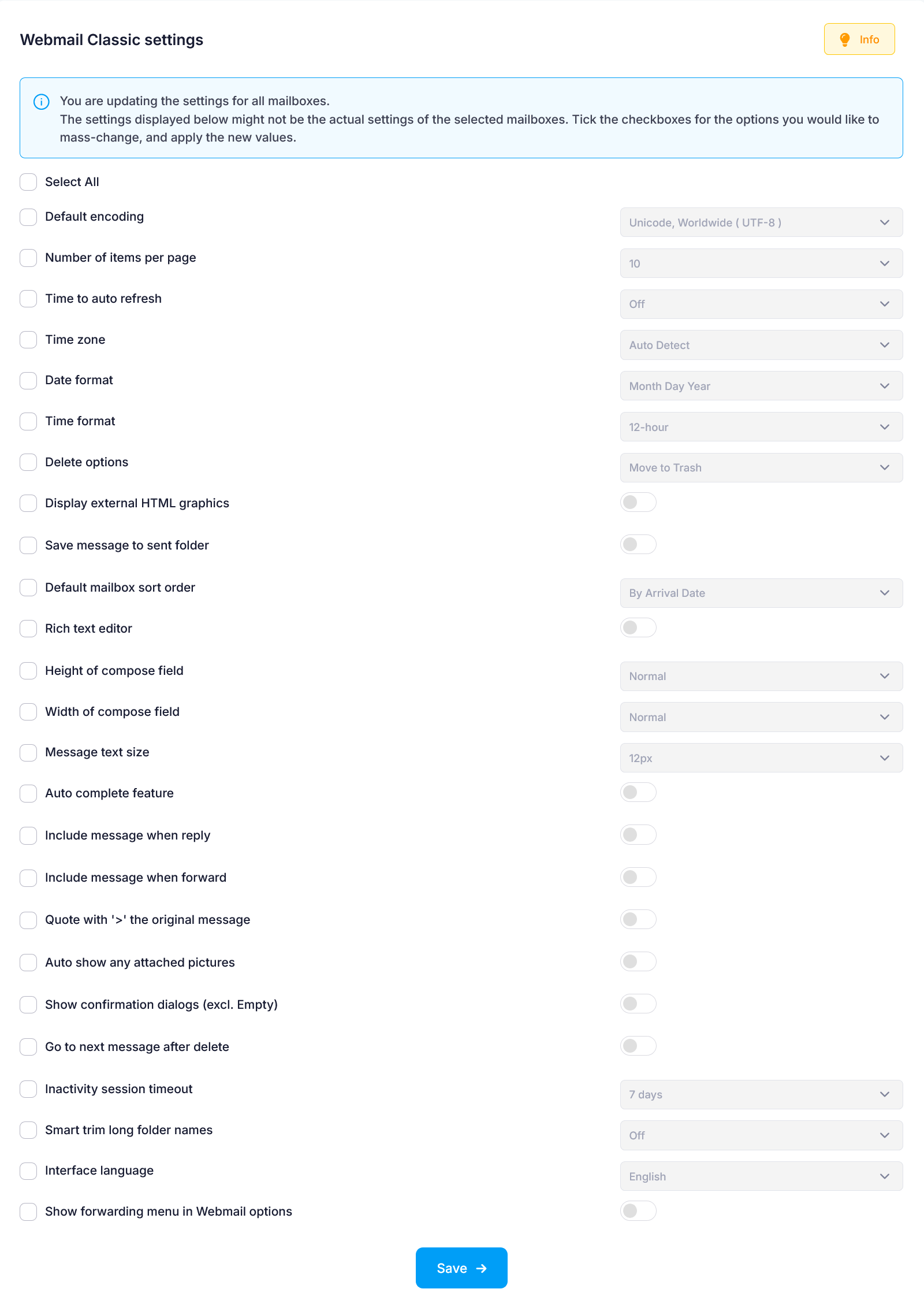 Webmail Classic settings